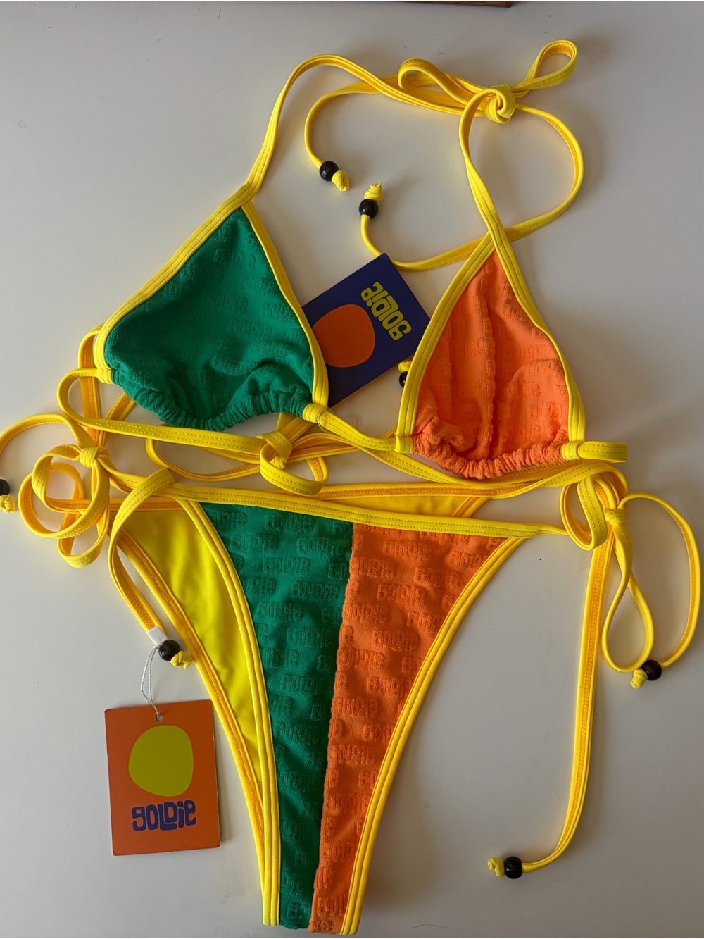 Goldie Yellow-Trim Green & Orange Triangle Bikini